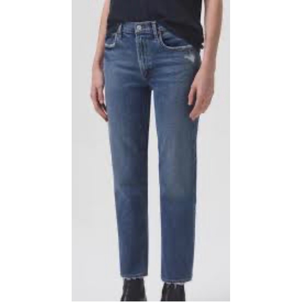 Agolde Jeans Women 26 Blue Kye Mid Rise Straight Leg Distressed Raw Hem